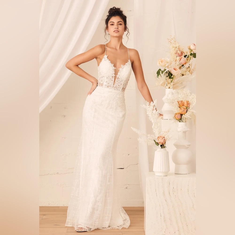 Lulus Wonderstruck White Glitter Lace-Up Embroidered Lace Maxi Dress